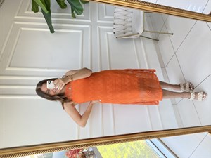 Kuşaklı File Elbise-Turuncu