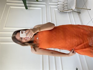 Kuşaklı File Elbise-Turuncu