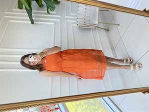 Kuşaklı File Elbise-Turuncu