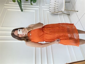 Kuşaklı File Elbise-Turuncu