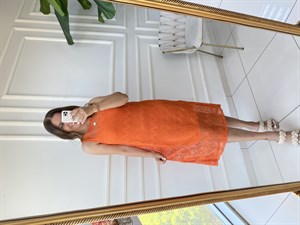 Kuşaklı File Elbise-Turuncu