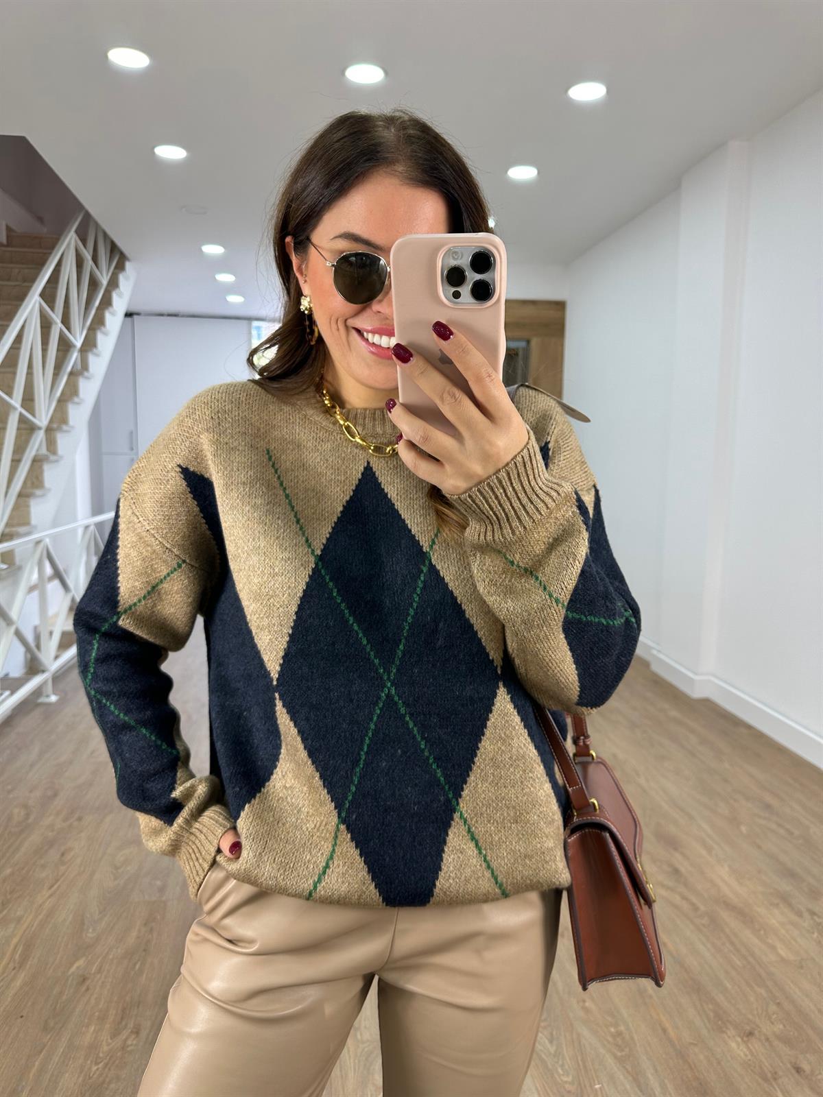 Lacivert Camel Baklava Desenli Kazak