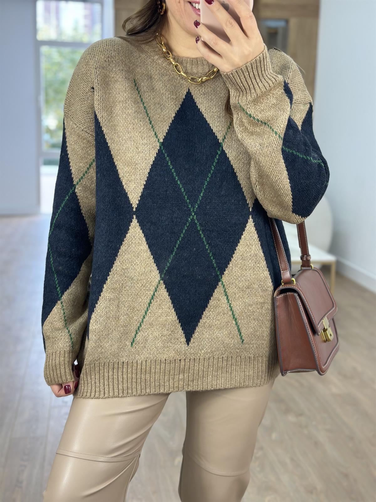 Lacivert Camel Baklava Desenli Kazak