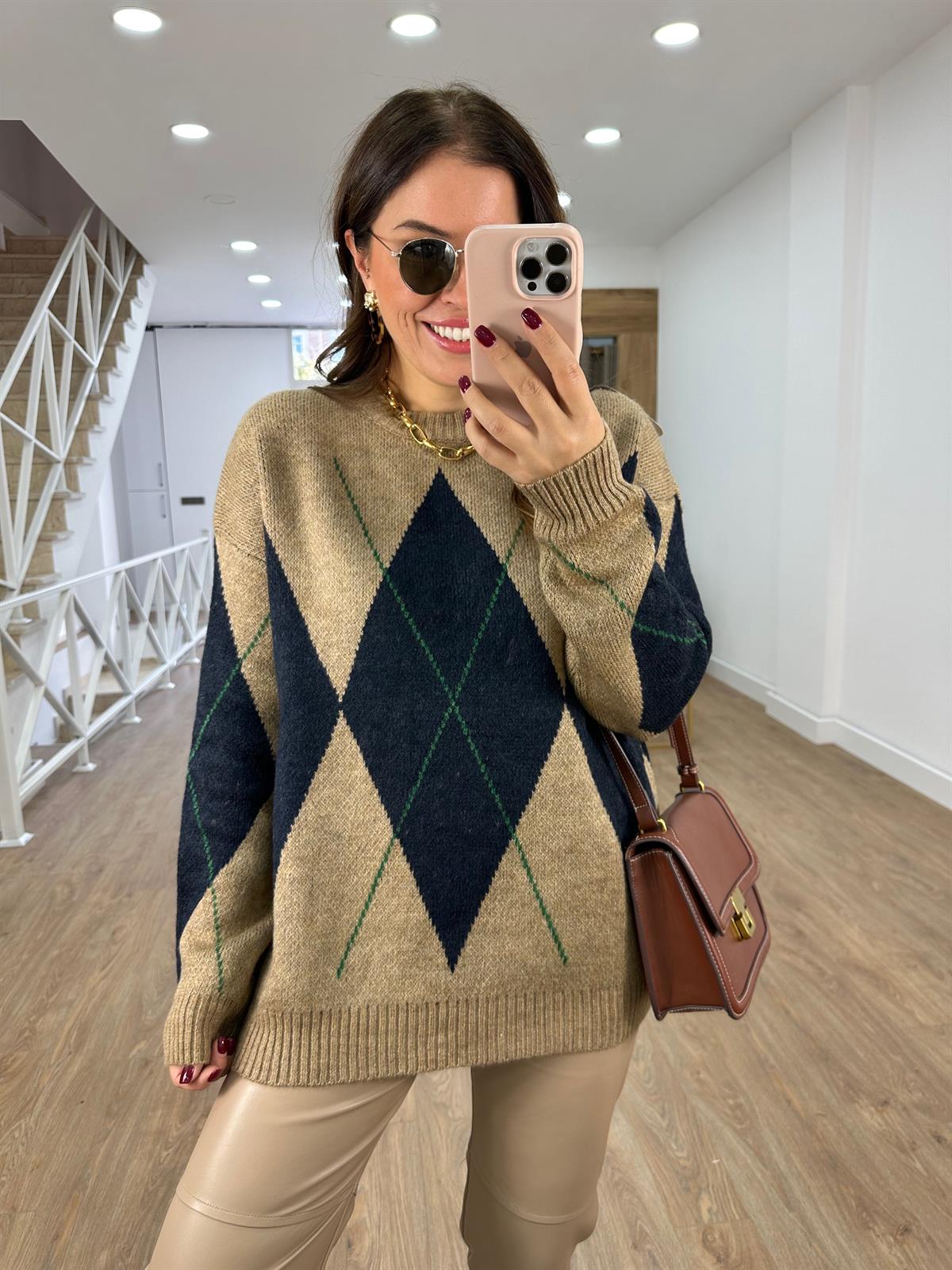 Lacivert Camel Baklava Desenli Kazak