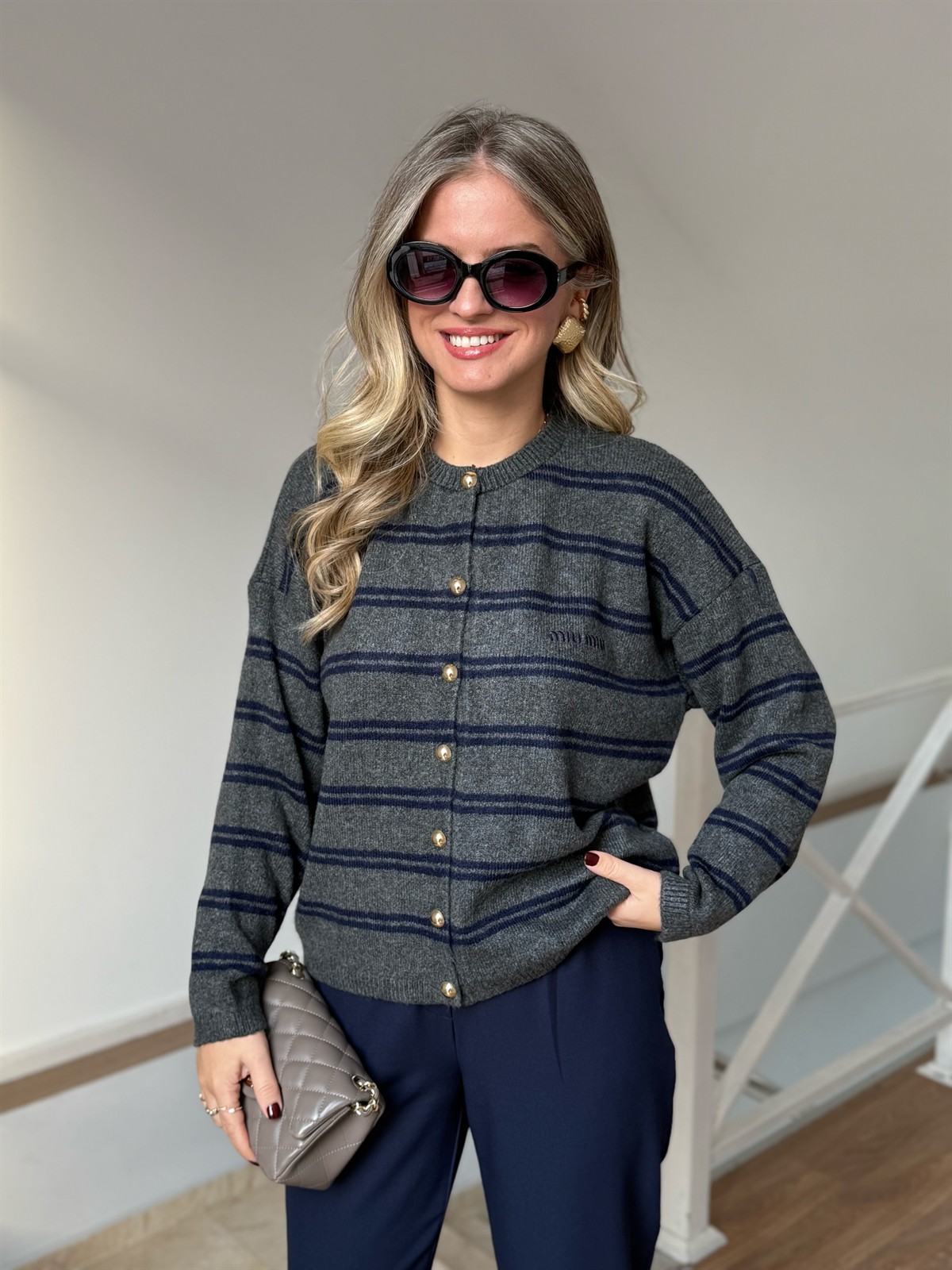 Lacivert Çizgili Miu Hırka - Antrasit 