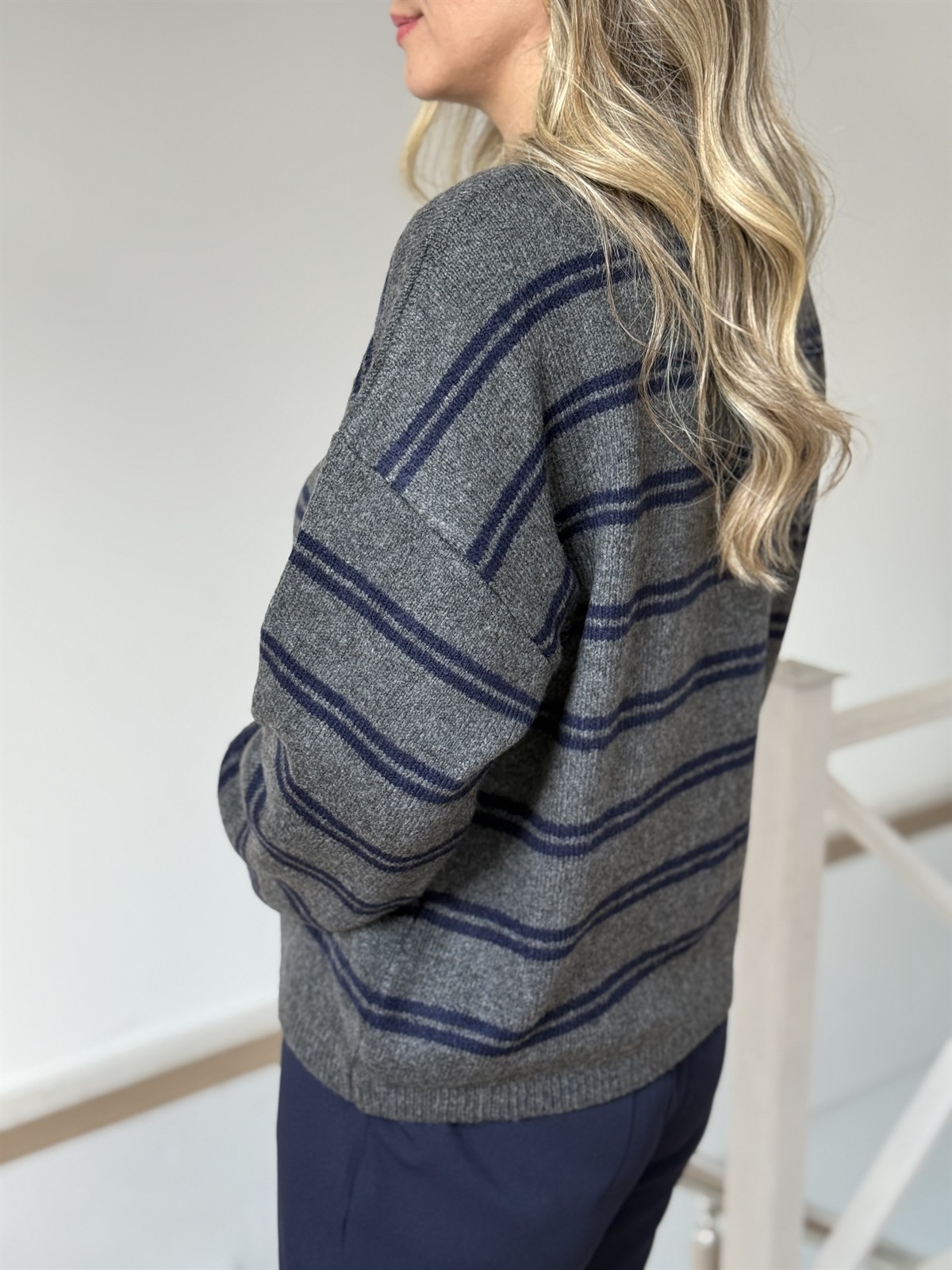 Lacivert Çizgili Miu Hırka - Antrasit 