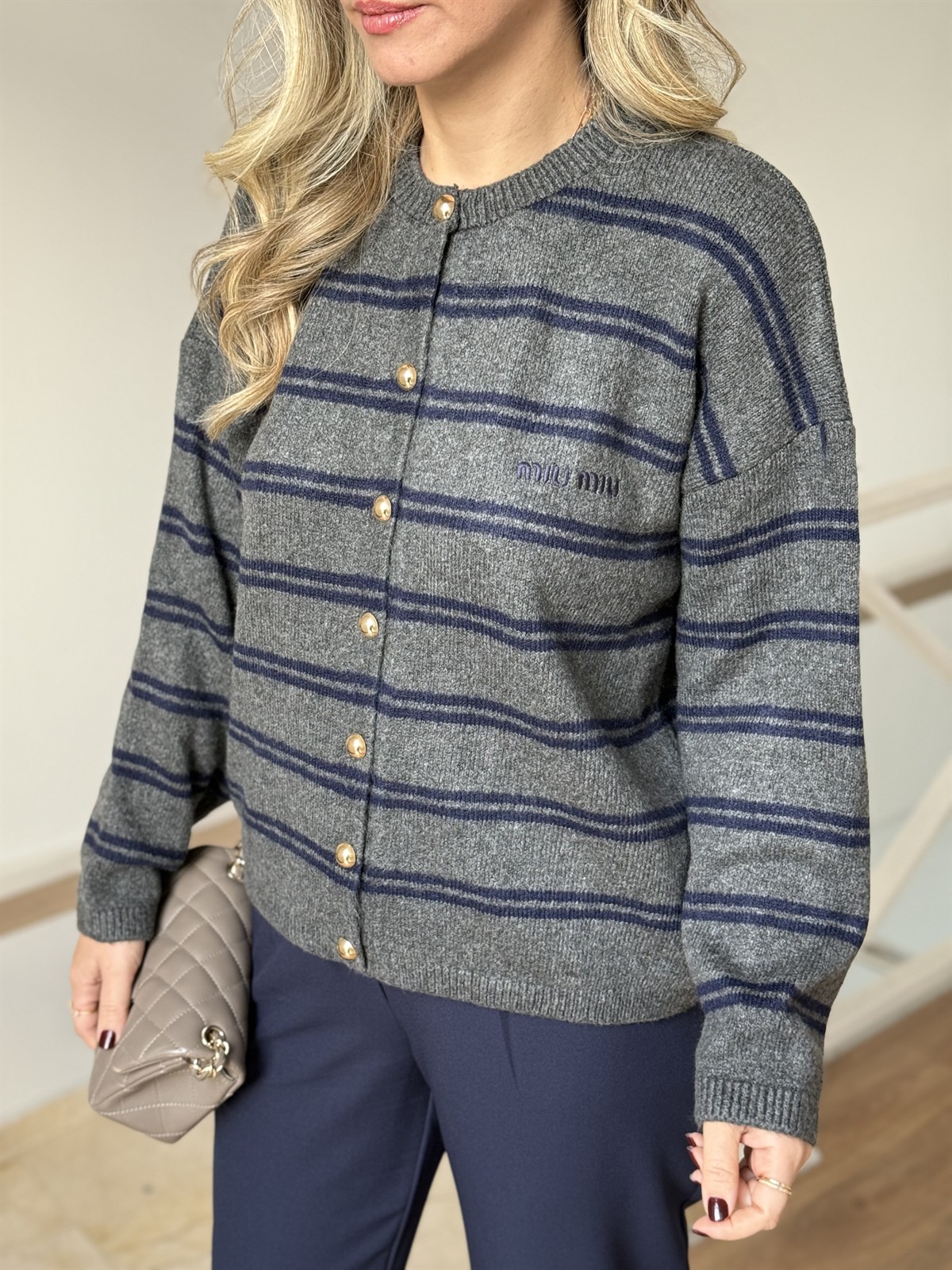 Lacivert Çizgili Miu Hırka - Antrasit 