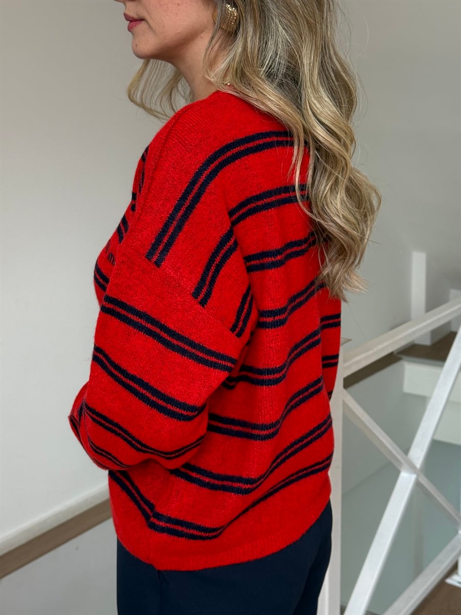 Lacivert Çizgili Miu Hırka - Kırmızı 