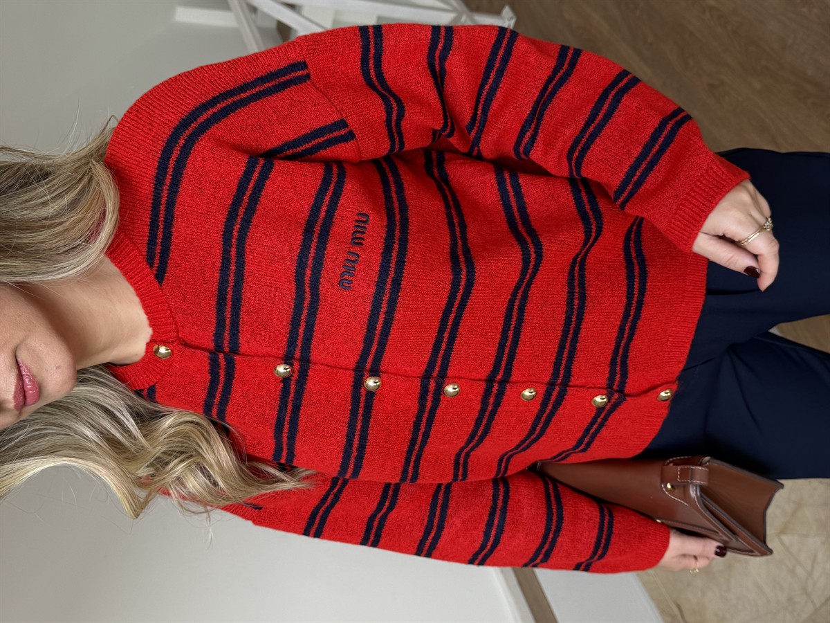 Lacivert Çizgili Miu Hırka - Kırmızı 