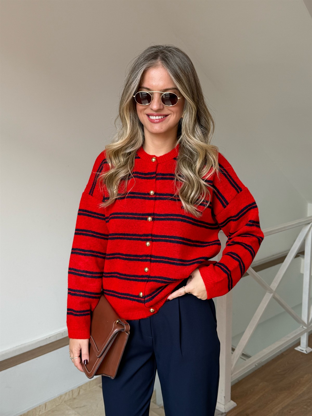 Lacivert Çizgili Miu Hırka - Kırmızı 