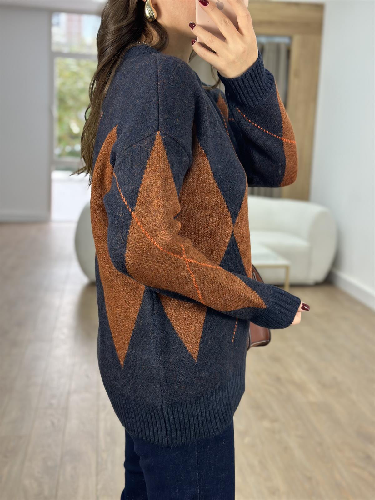 Lacivert Kiremit Baklava Desenli Kazak