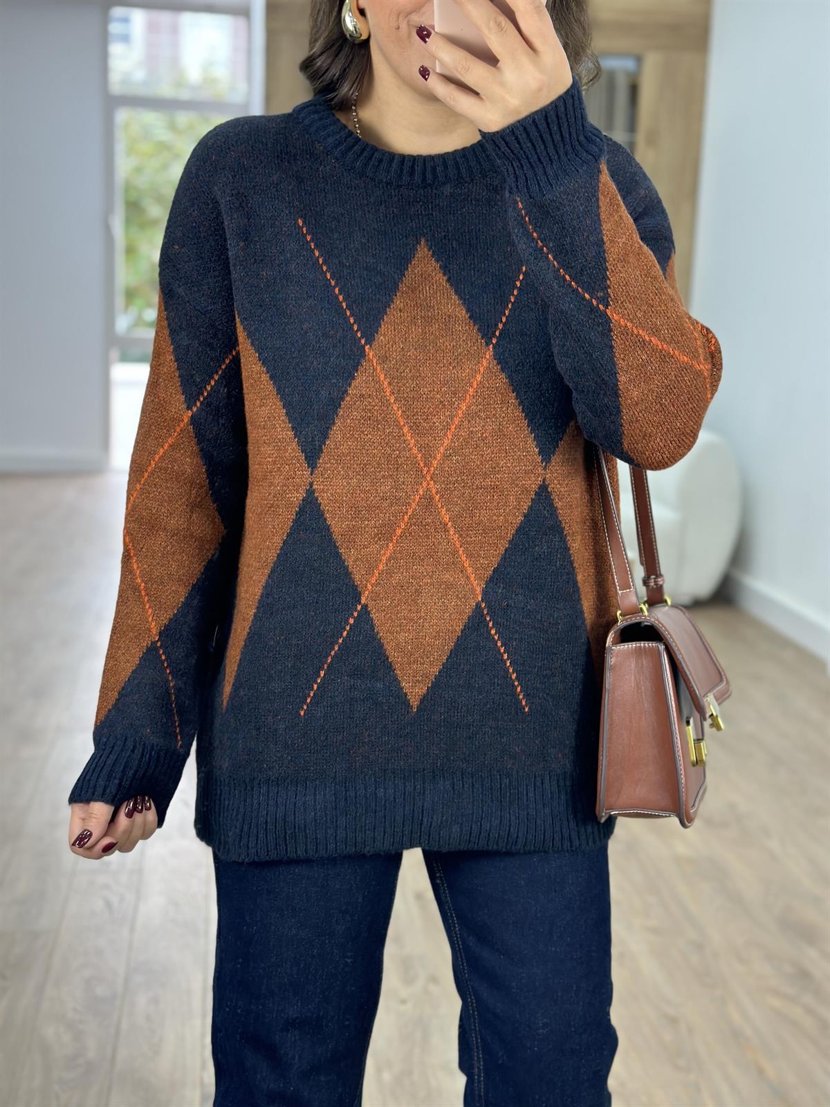 Lacivert Kiremit Baklava Desenli Kazak