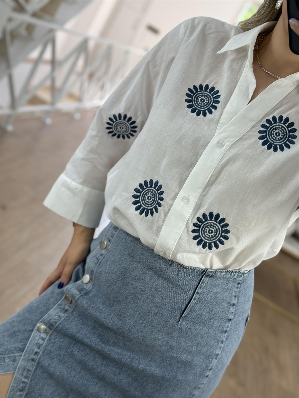 Lacivert Nakışlı Pamuklu Gömlek