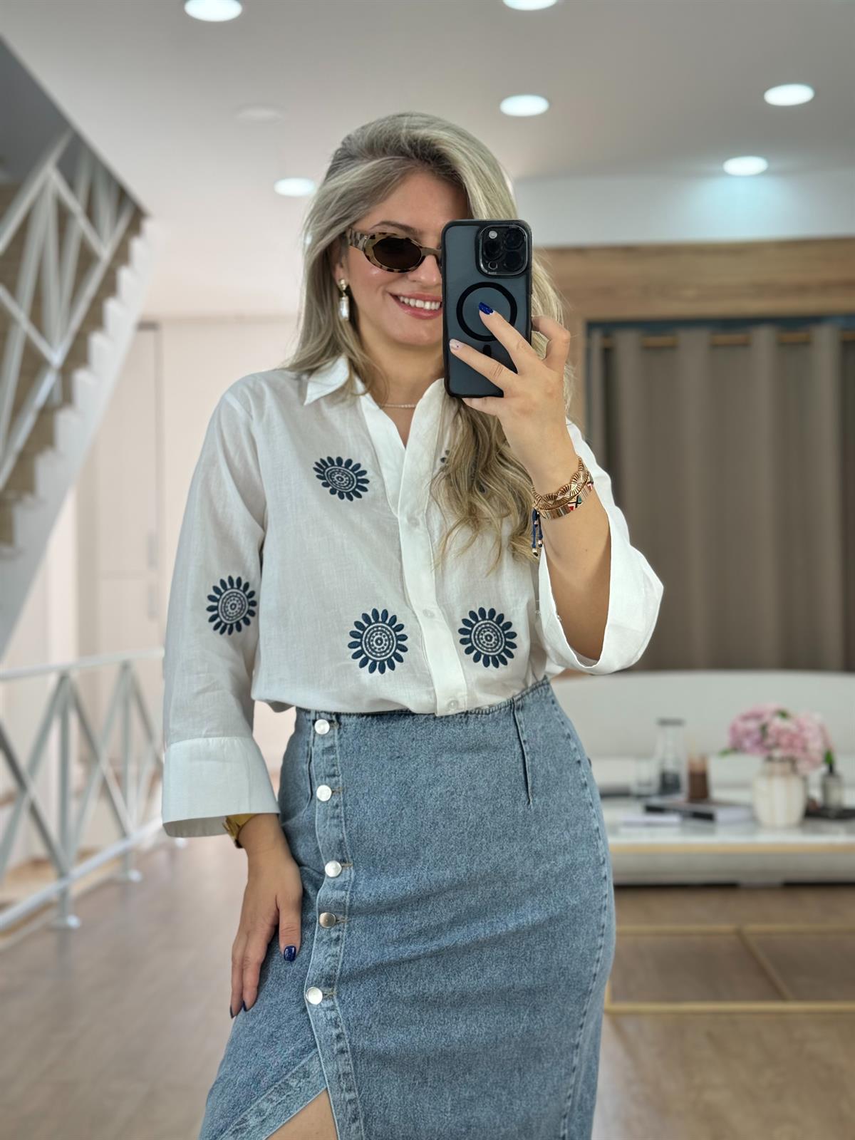 Lacivert Nakışlı Pamuklu Gömlek