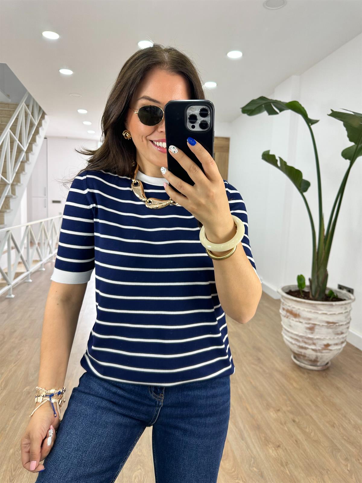 Lacivert Üzeri Beyaz Çizgili Merserize Triko