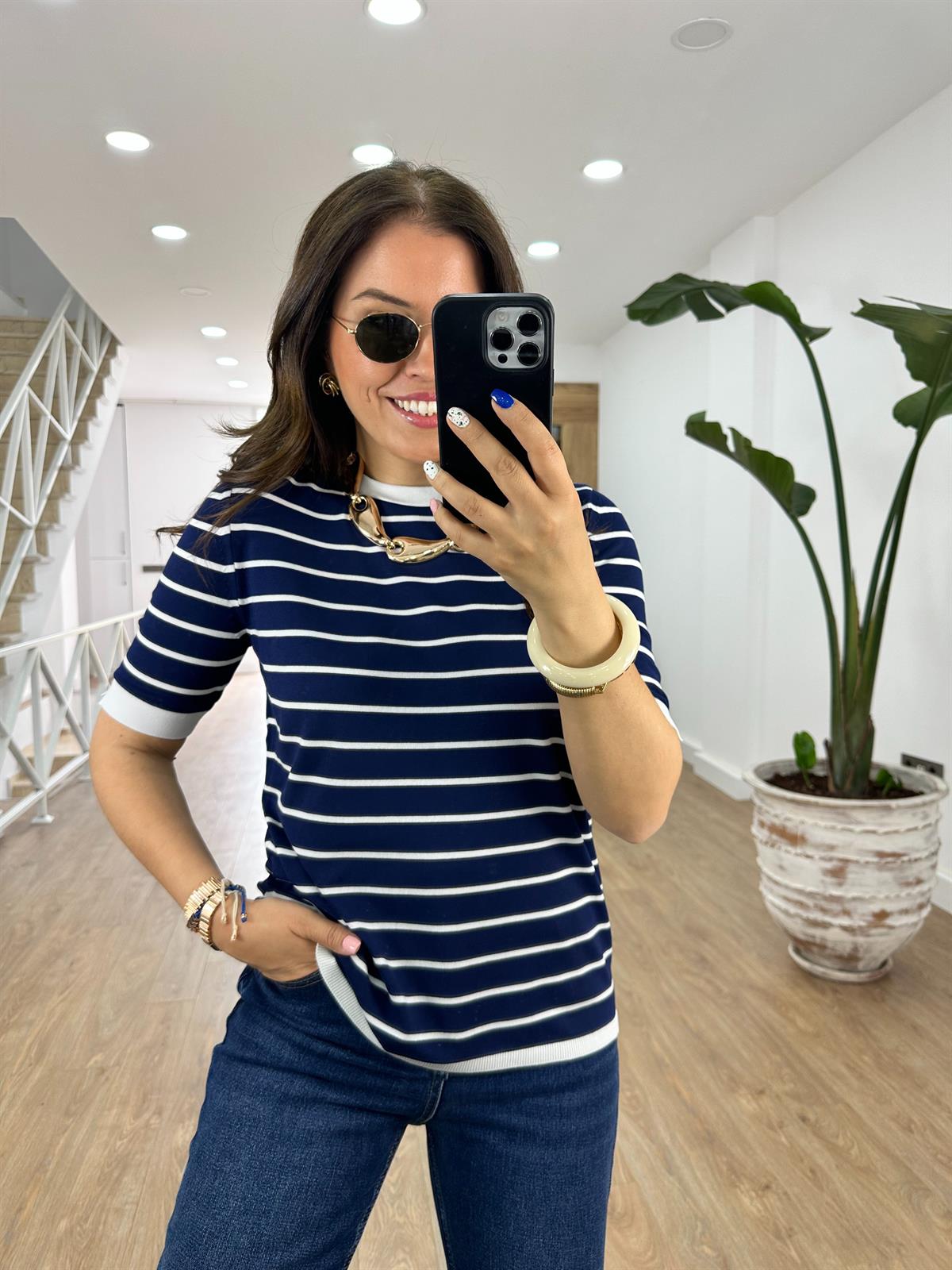 Lacivert Üzeri Beyaz Çizgili Merserize Triko