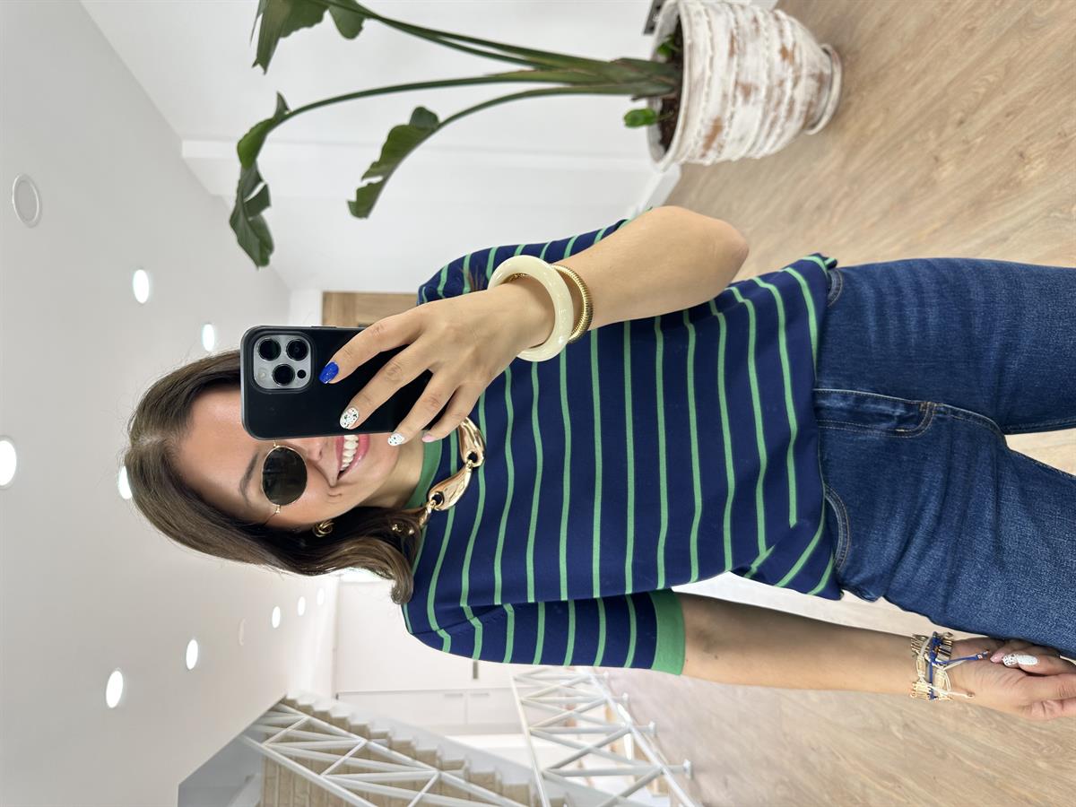 Lacivert Üzeri Yeşil Çizgili Merserize Triko