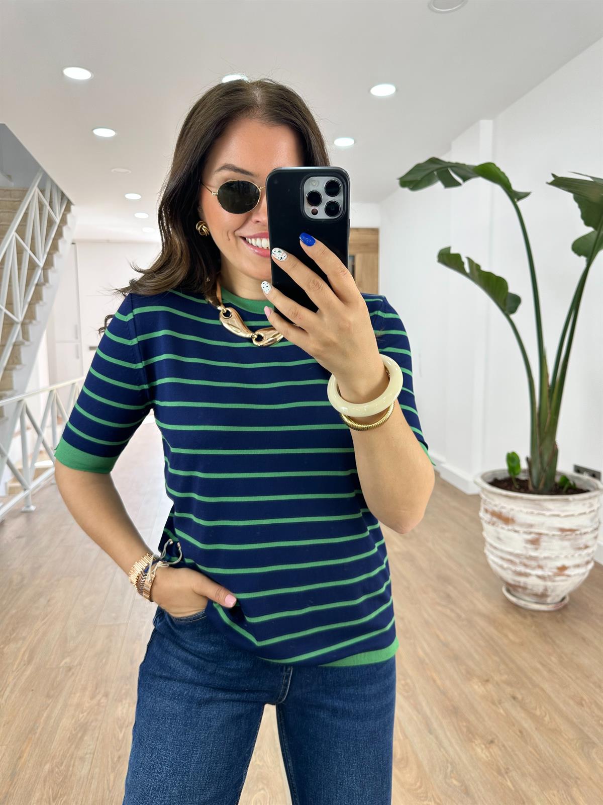 Lacivert Üzeri Yeşil Çizgili Merserize Triko