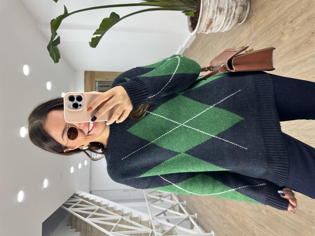 Lacivert Yeşil Baklava Desenli Kazak