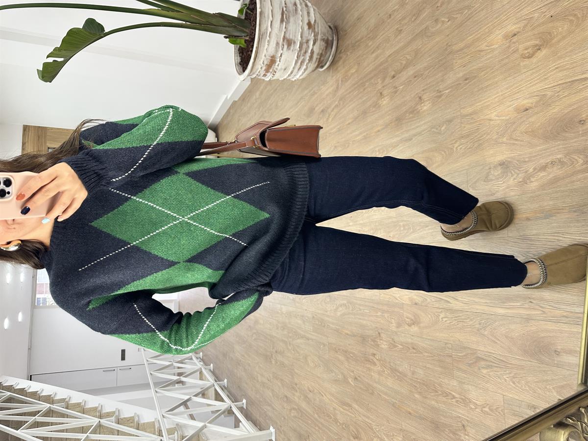 Lacivert Yeşil Baklava Desenli Kazak