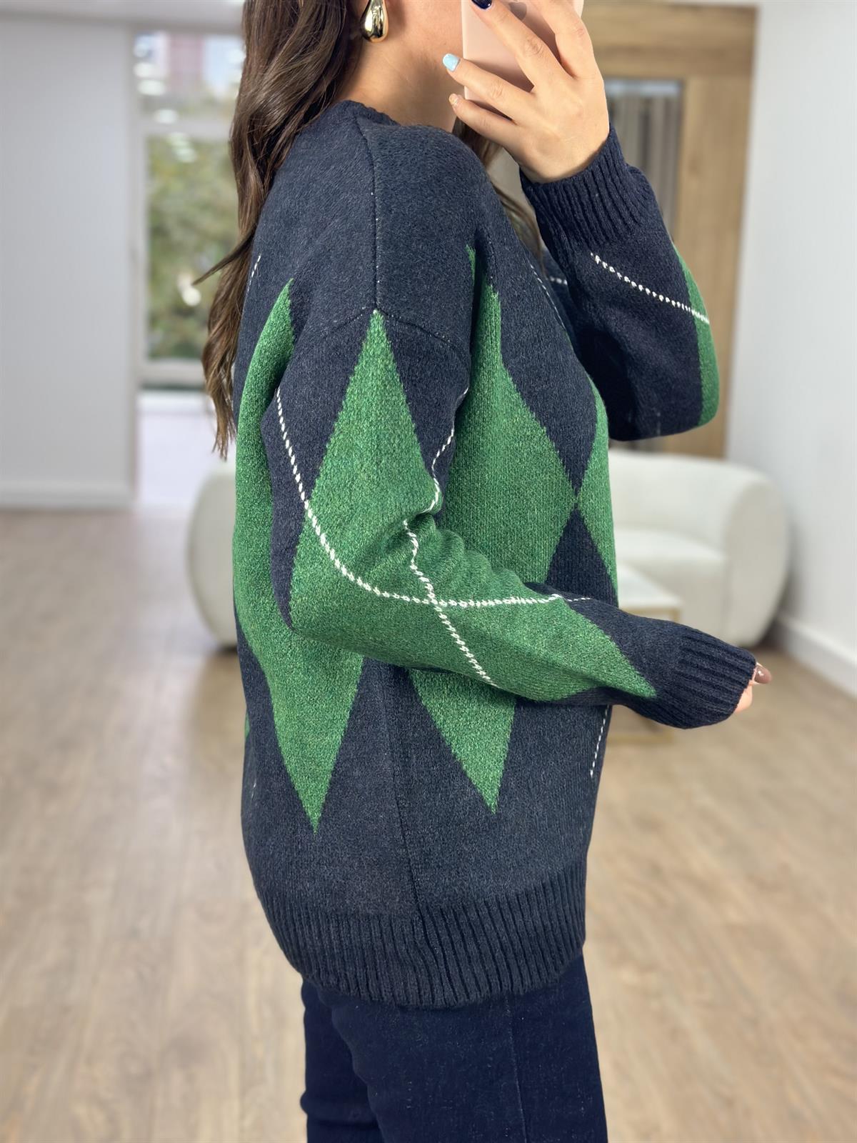 Lacivert Yeşil Baklava Desenli Kazak