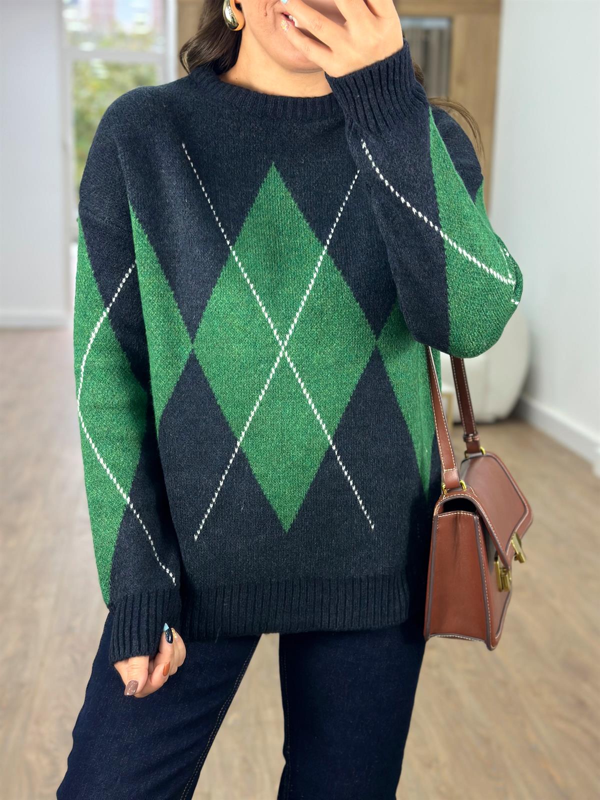 Lacivert Yeşil Baklava Desenli Kazak