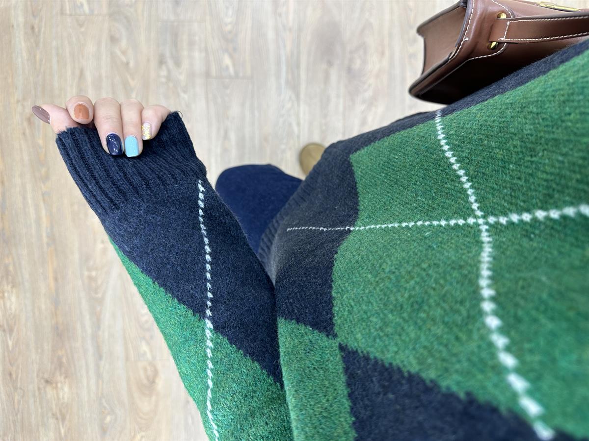 Lacivert Yeşil Baklava Desenli Kazak