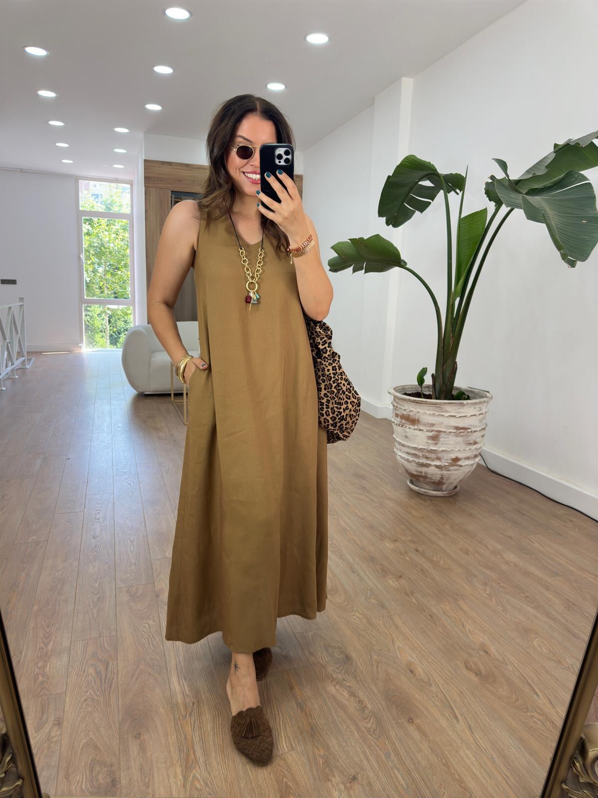 Lastik Askılı Keten Elbise-Haki