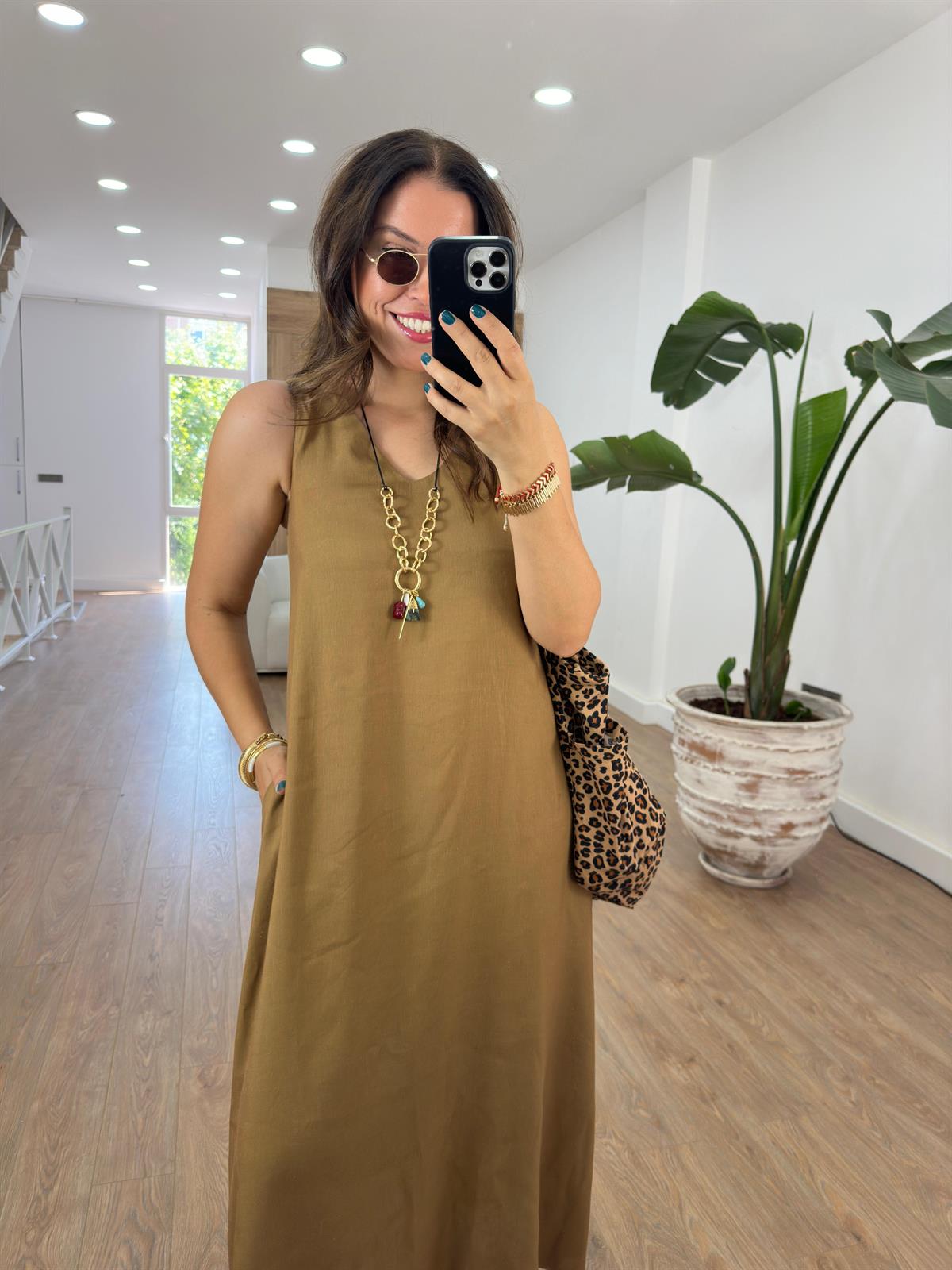 Lastik Askılı Keten Elbise-Haki