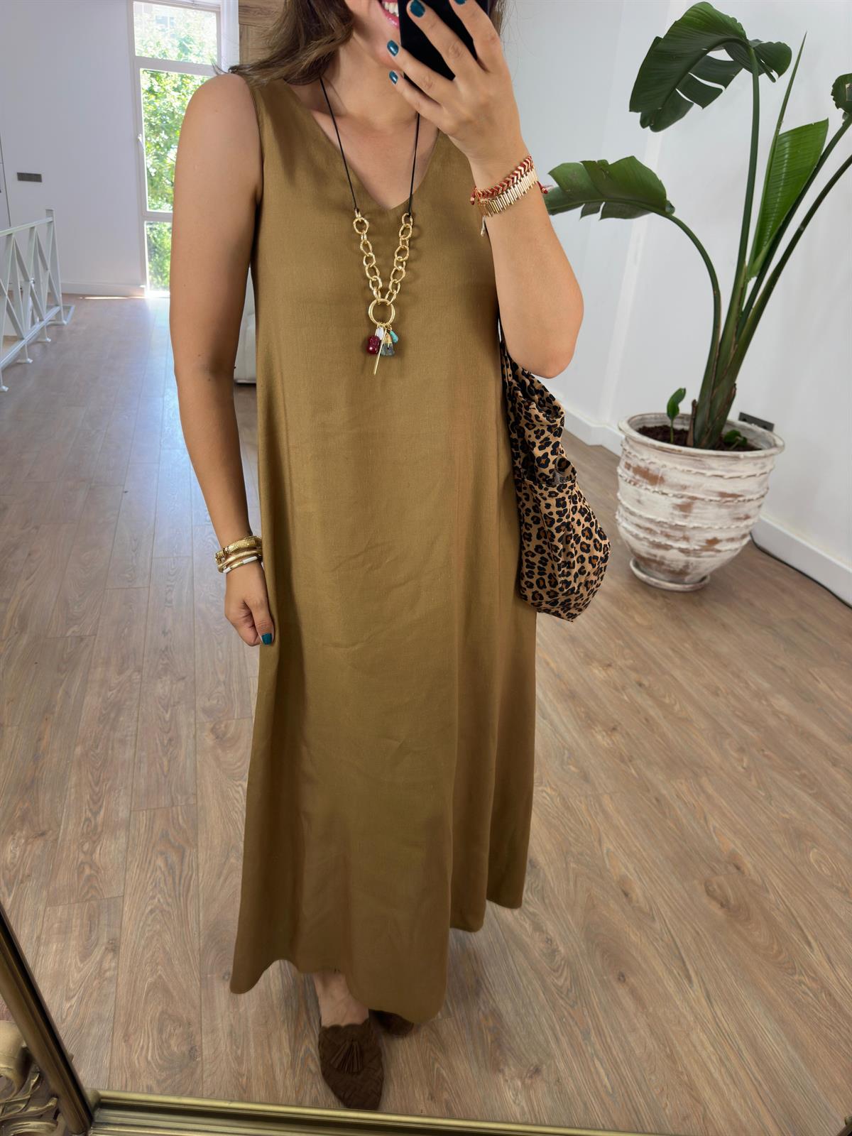 Lastik Askılı Keten Elbise-Haki