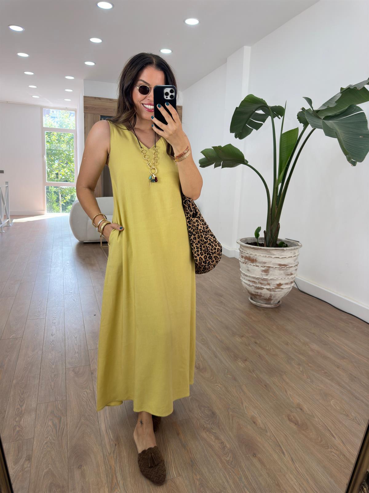 Lastik Askılı Keten Elbise-Hardal