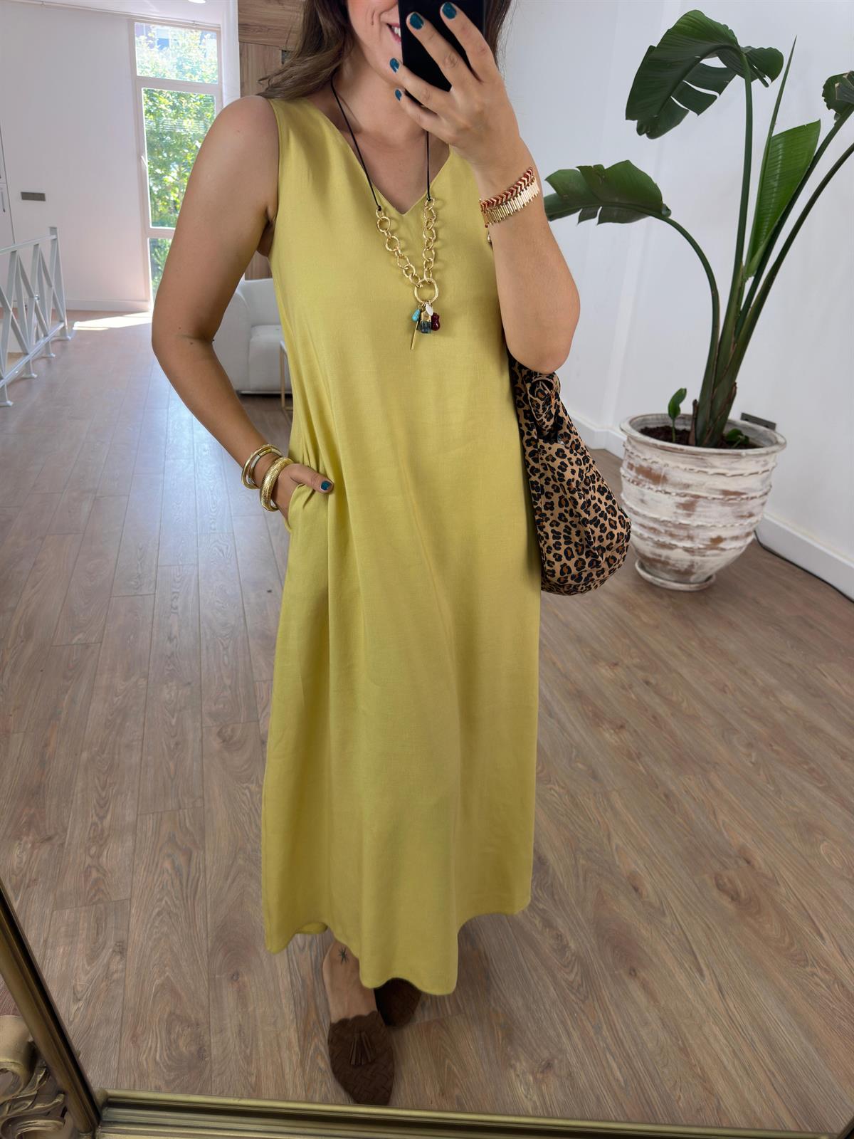 Lastik Askılı Keten Elbise-Hardal