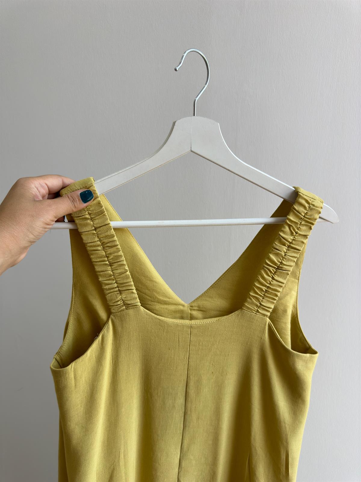 Lastik Askılı Keten Elbise-Hardal