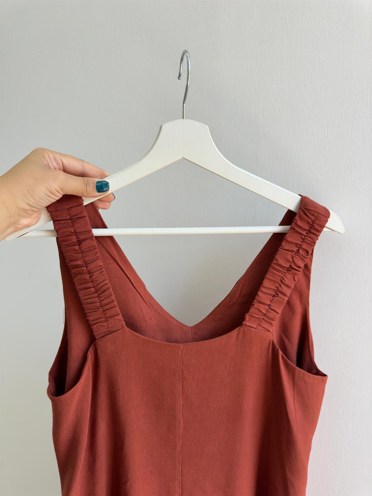 Lastik Askılı Keten Elbise-Kiremit