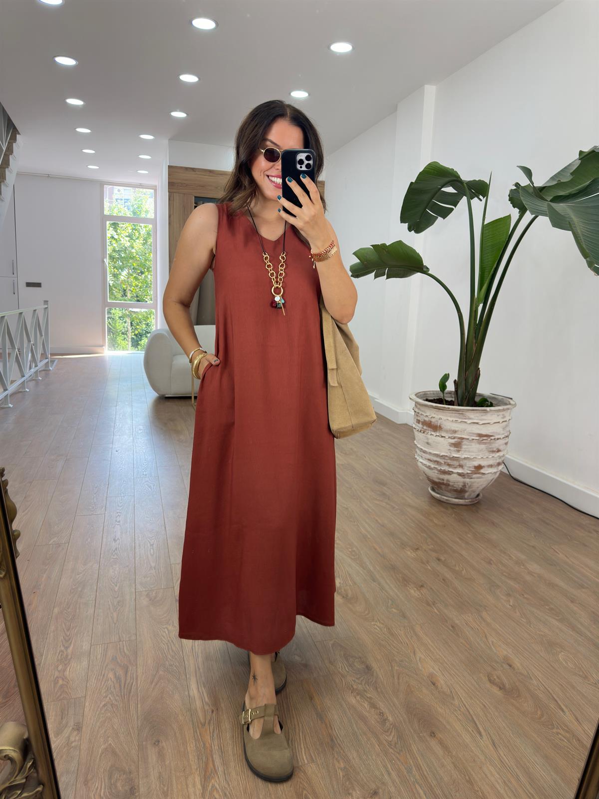 Lastik Askılı Keten Elbise-Kiremit