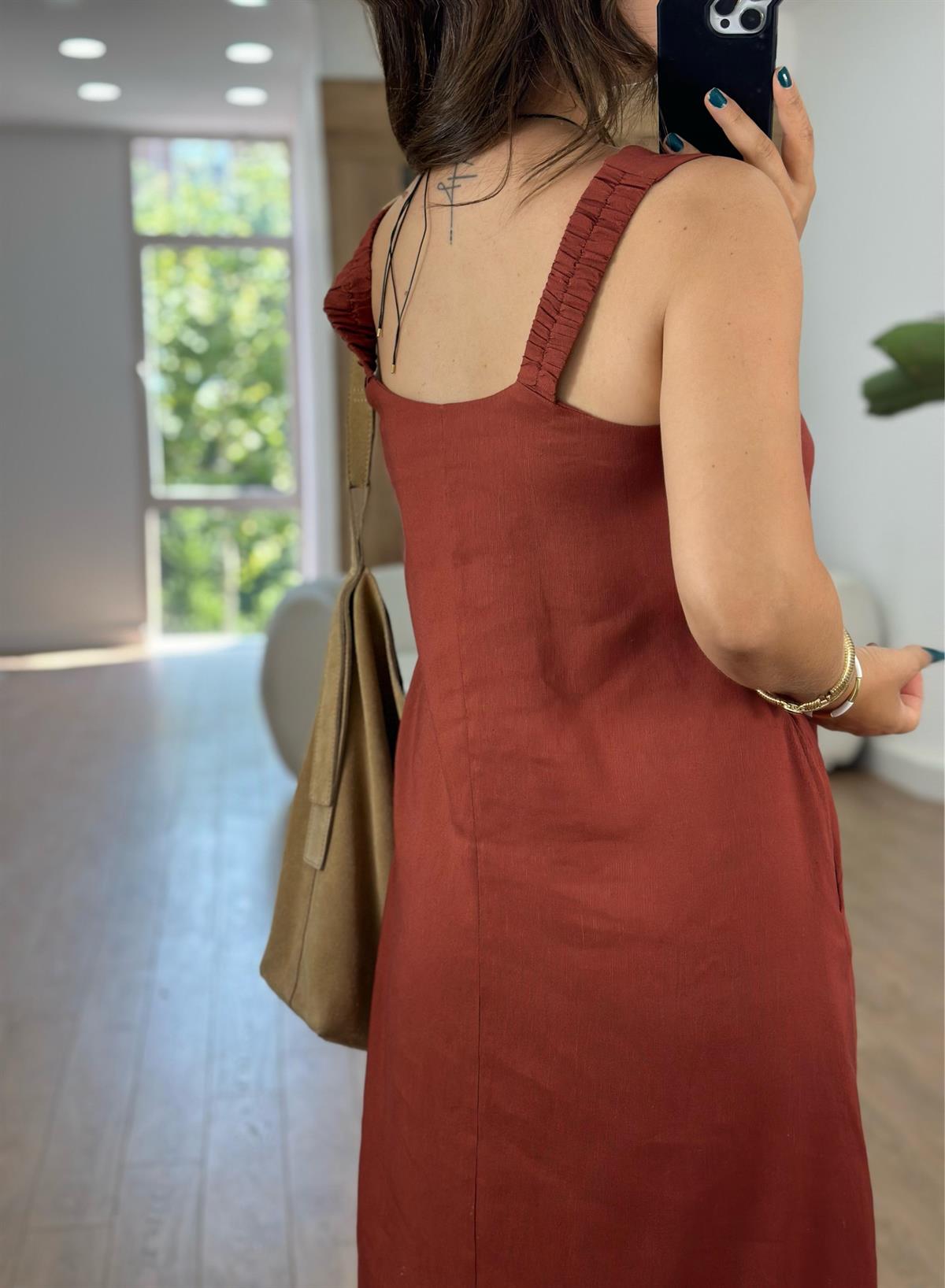 Lastik Askılı Keten Elbise-Kiremit