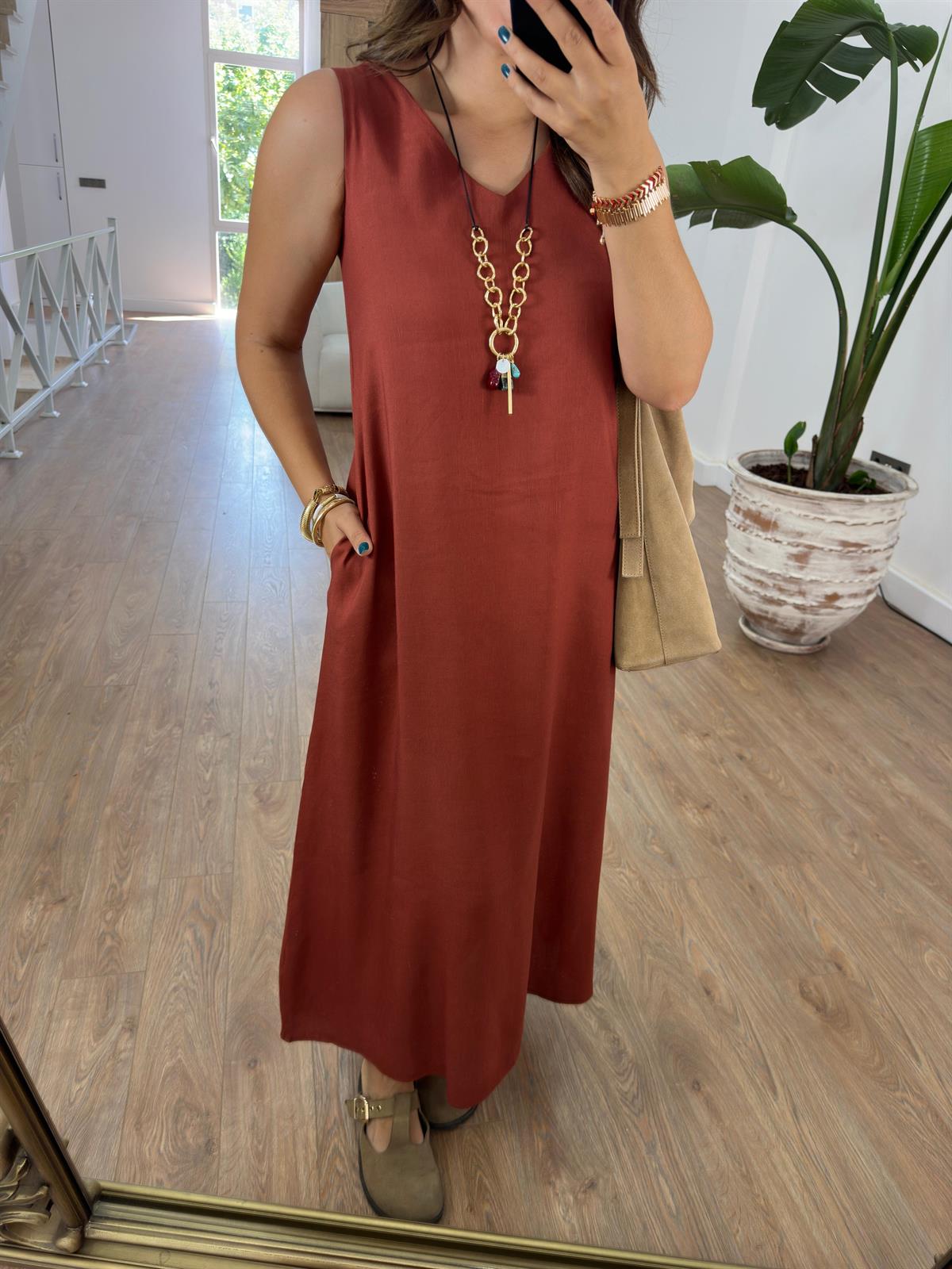 Lastik Askılı Keten Elbise-Kiremit