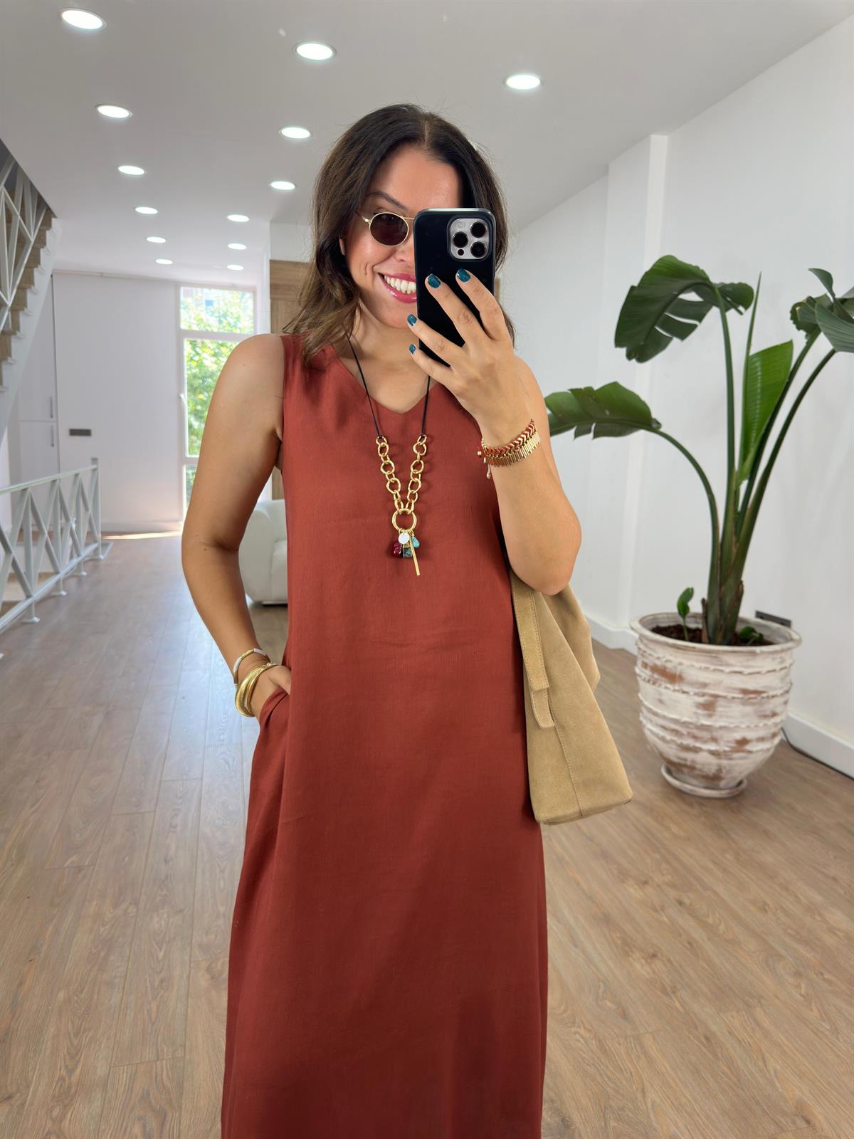 Lastik Askılı Keten Elbise-Kiremit