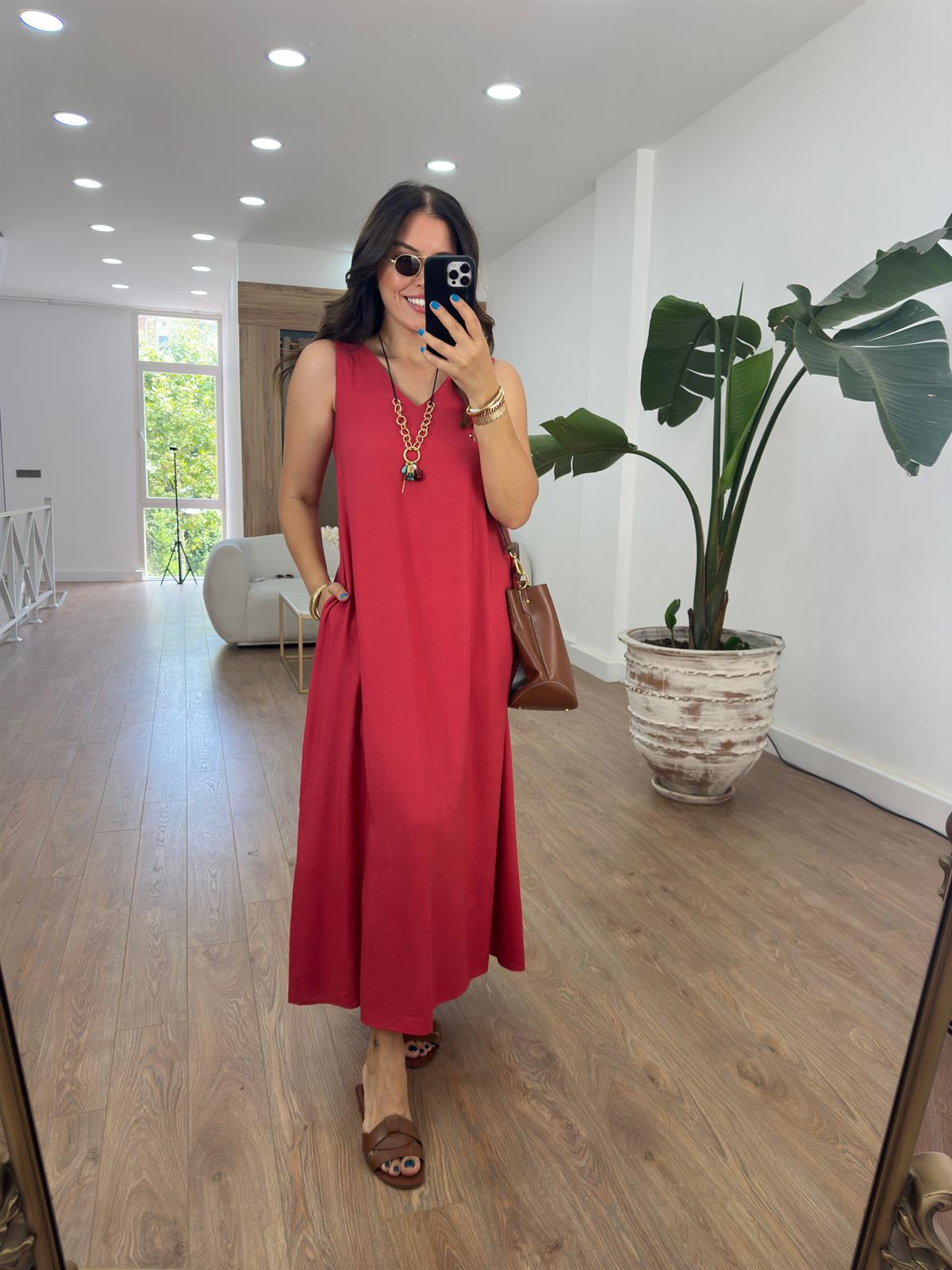 Lastik Askılı Keten Elbise-Kırmızı