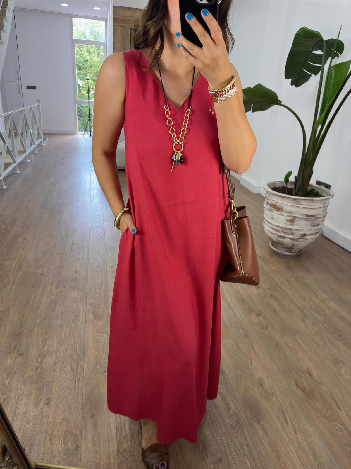 Lastik Askılı Keten Elbise-Kırmızı