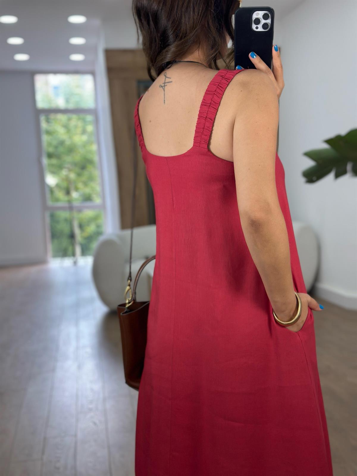 Lastik Askılı Keten Elbise-Kırmızı