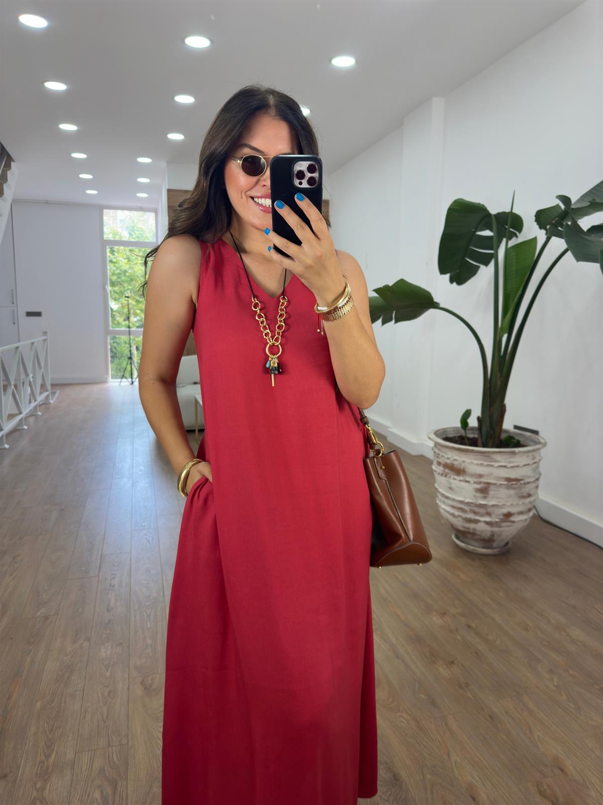 Lastik Askılı Keten Elbise-Kırmızı