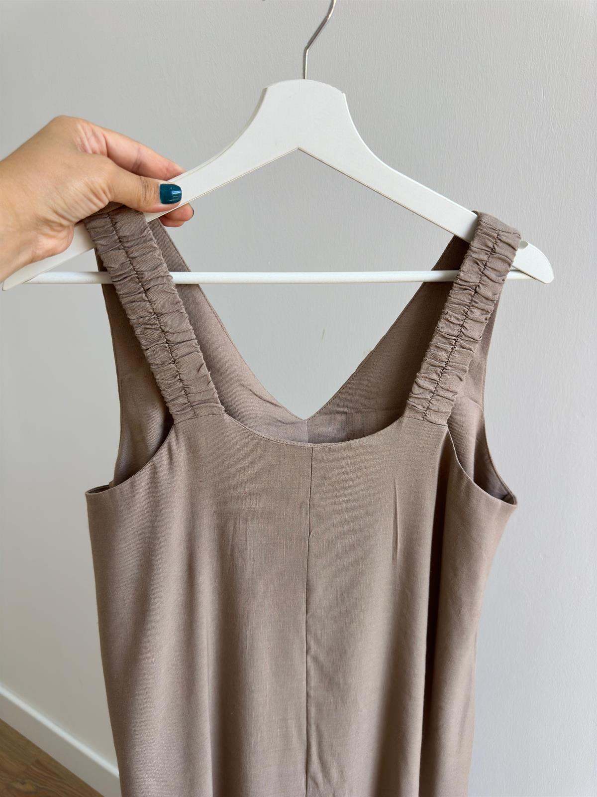 Lastik Askılı Keten Elbise-Vizon 