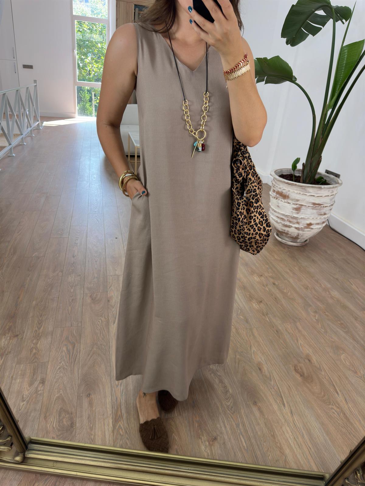 Lastik Askılı Keten Elbise-Vizon 