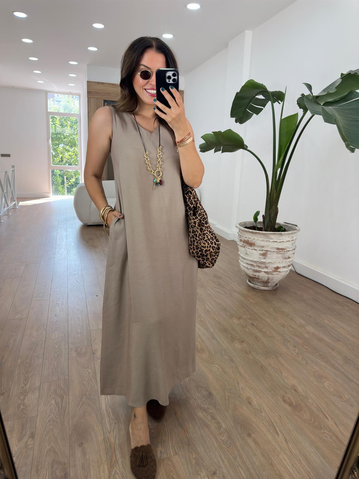 Lastik Askılı Keten Elbise-Vizon 