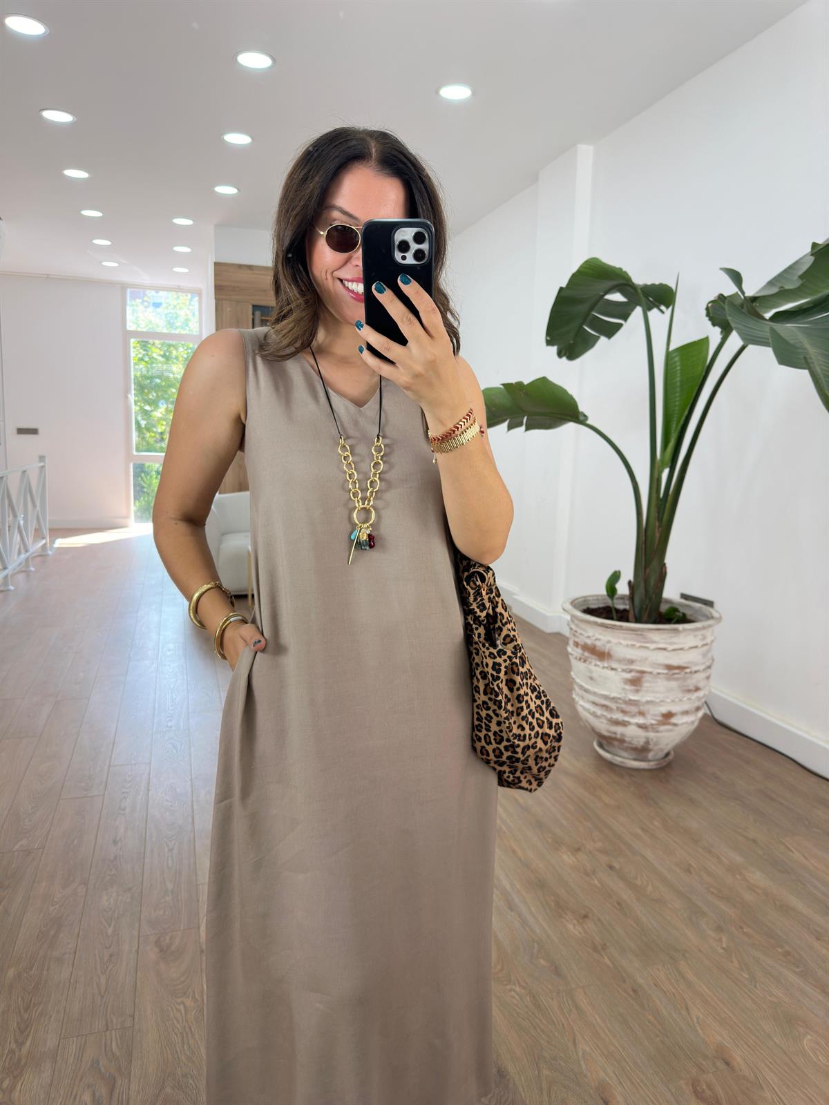 Lastik Askılı Keten Elbise-Vizon 