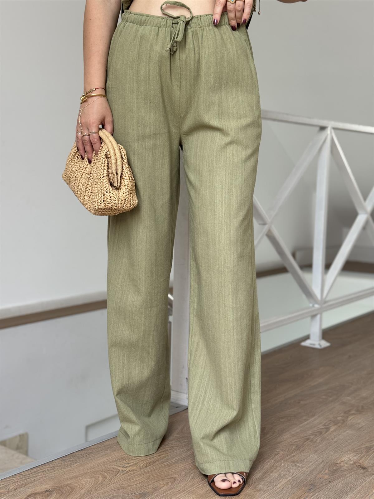 Lastik Detaylı Bluz Pantolon Takım - Çağla Yeşili