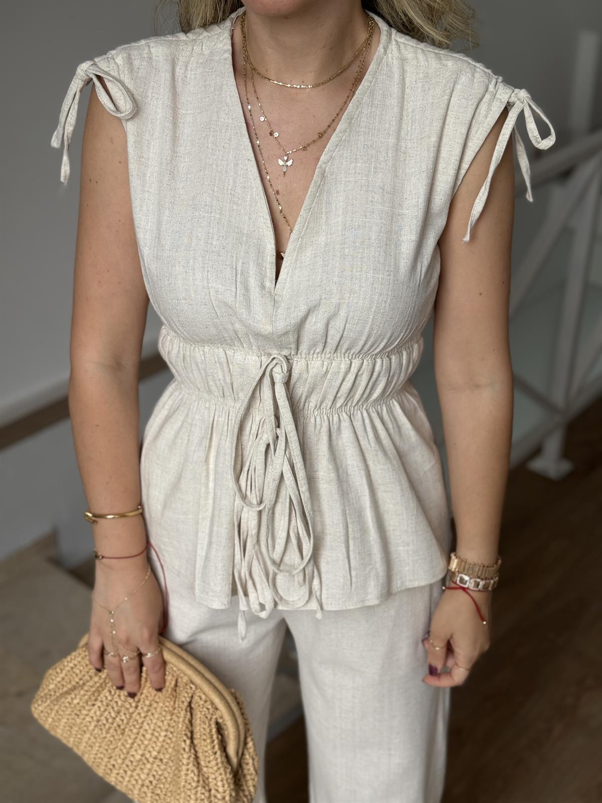 Lastik Detaylı Bluz Pantolon Takım - Naturel