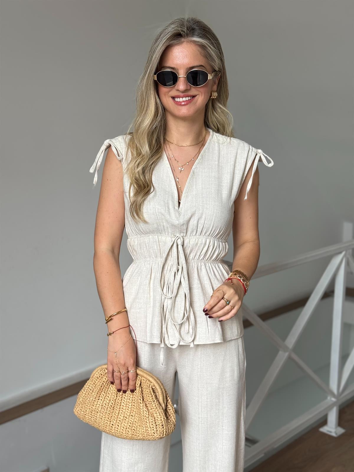 Lastik Detaylı Bluz Pantolon Takım - Naturel