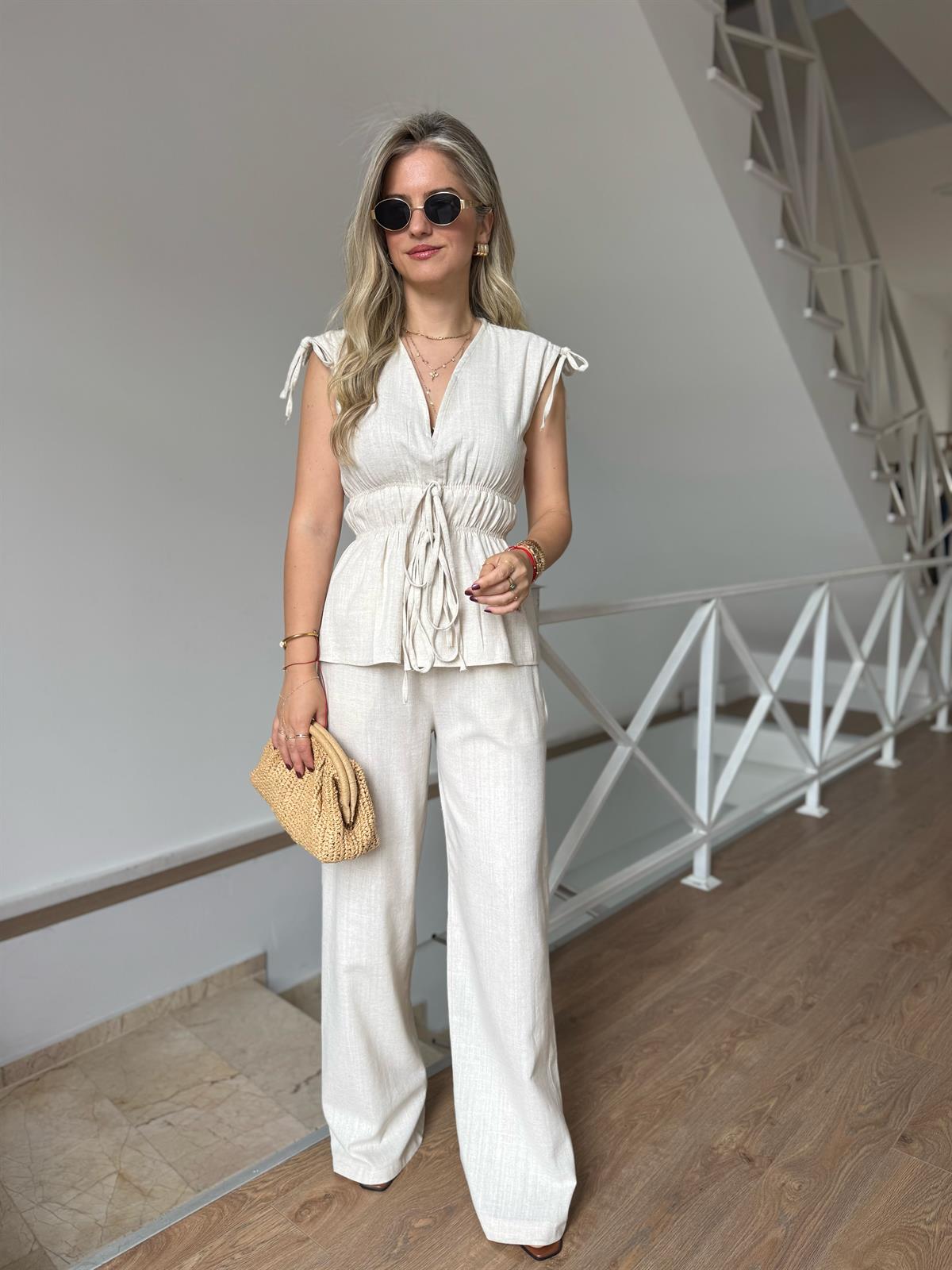 Lastik Detaylı Bluz Pantolon Takım - Naturel